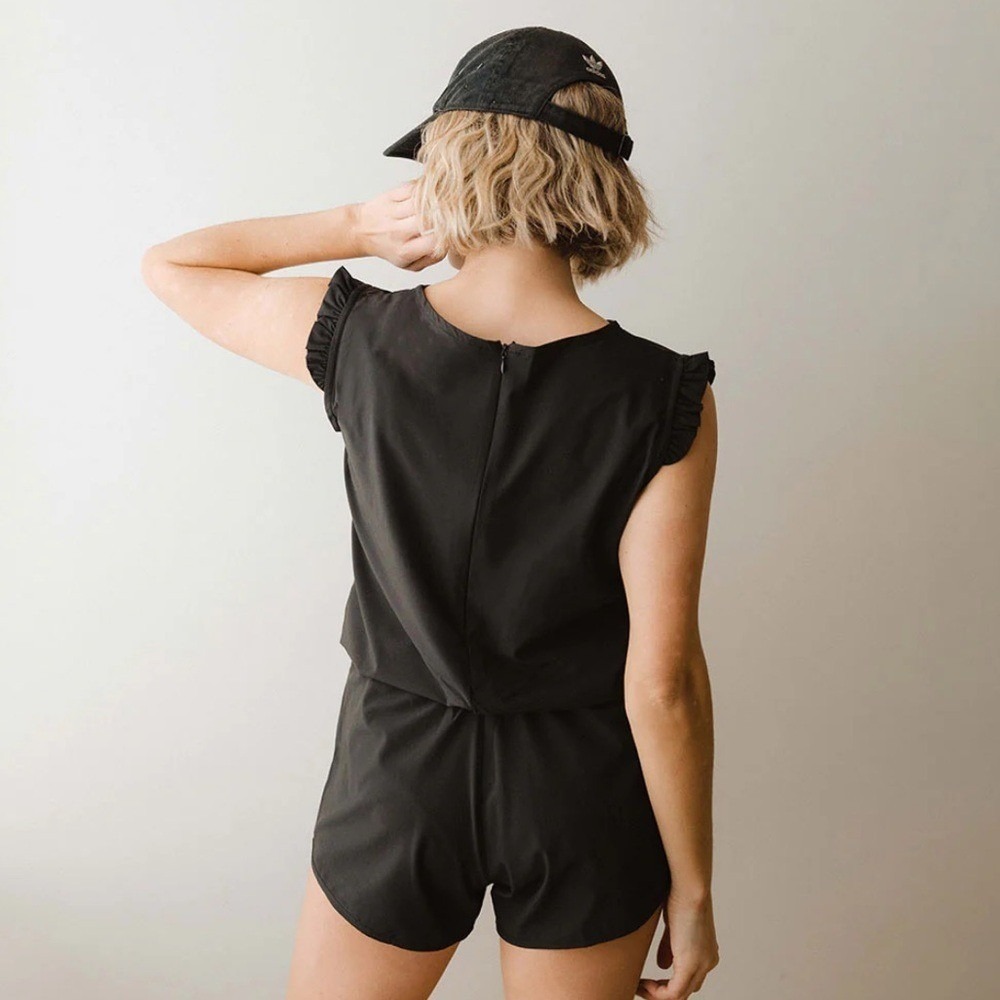 Albion Fit Romper Destination M Black Sporty Ruffle Sleeve Activewear Jumpsuit - Picture 2 of 13